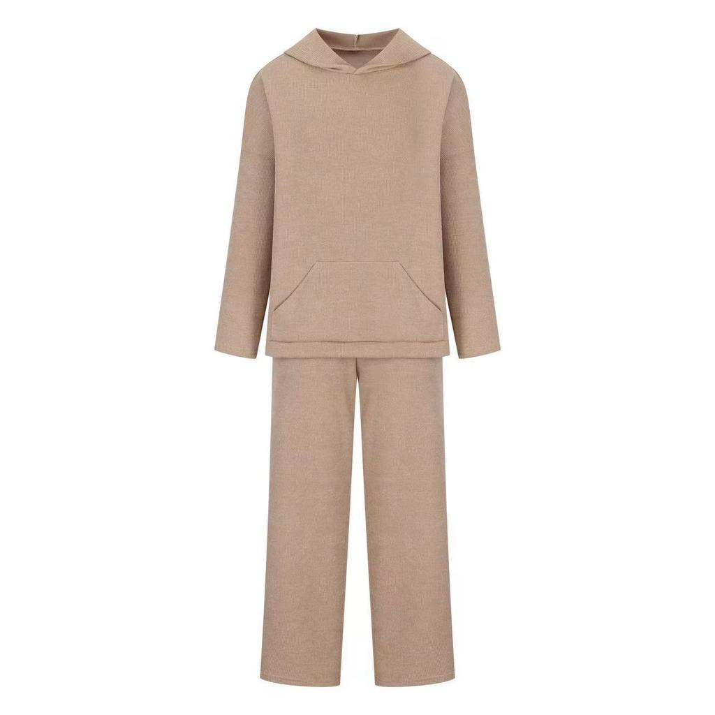 Women's Beige Knitted Hooded Top and Wide Leg Pants Lounge Set
