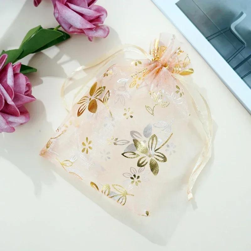 50piece Gold Stamp Rose Pattern Gauze Bag Colorful Pull Rope Self Sealing Storage Bags Candy Gift Accessory Package Jewelry Pouc