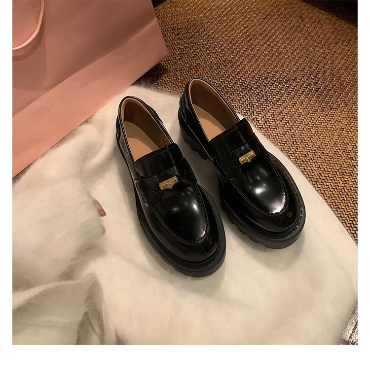 Sheepskin version~ extravagant small gold coins round head small leather shoes thick heel thick sole single shoes one pedal genuine leather loafer
