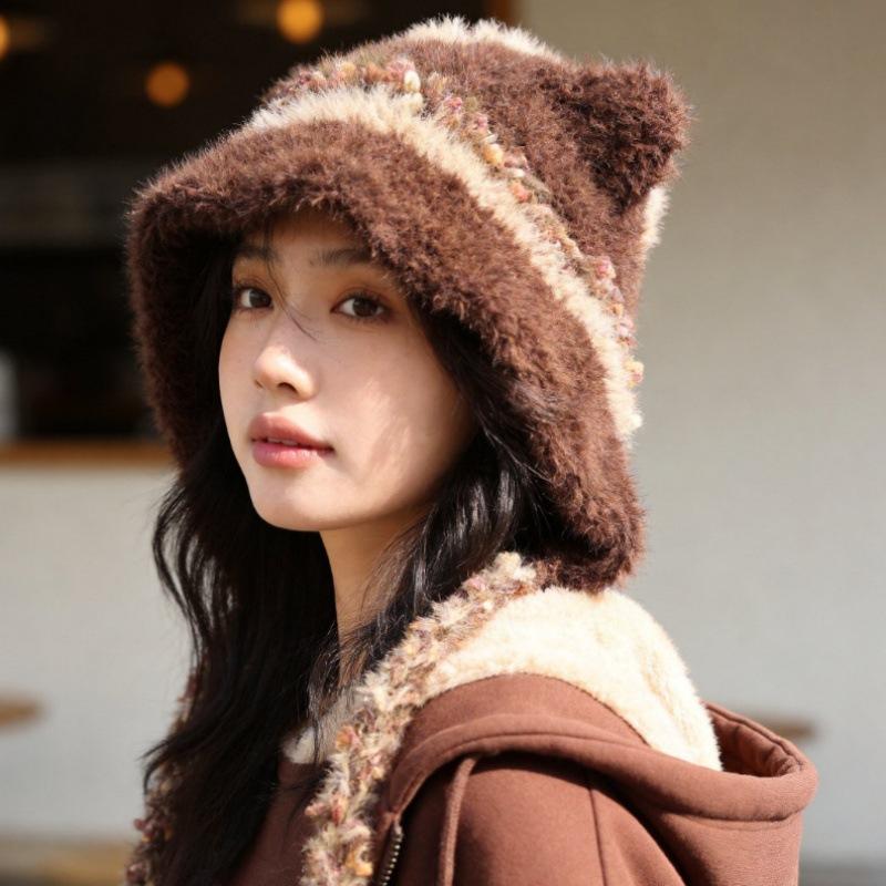 Autumn and winter hats, women's warm and cute cat ear wool hats, knitted hats, versatile and face-showing small literary headgear tide
