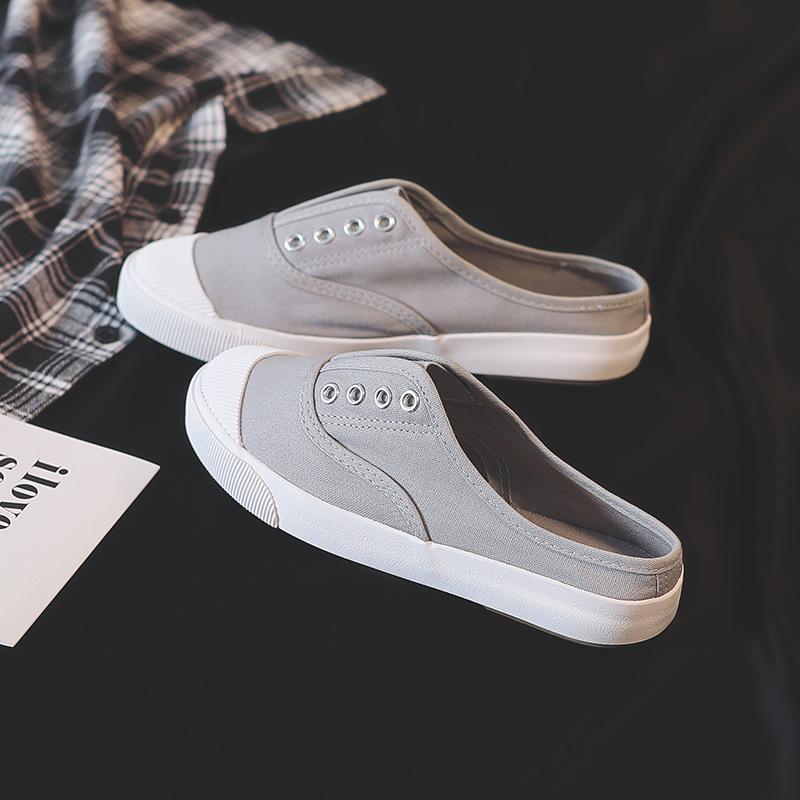 Fashion Women's Backless Slip-On Canvas Shoes White Breathable Flat Comfort Casual Slides Autumn Students Daily Walking Designer Shoes