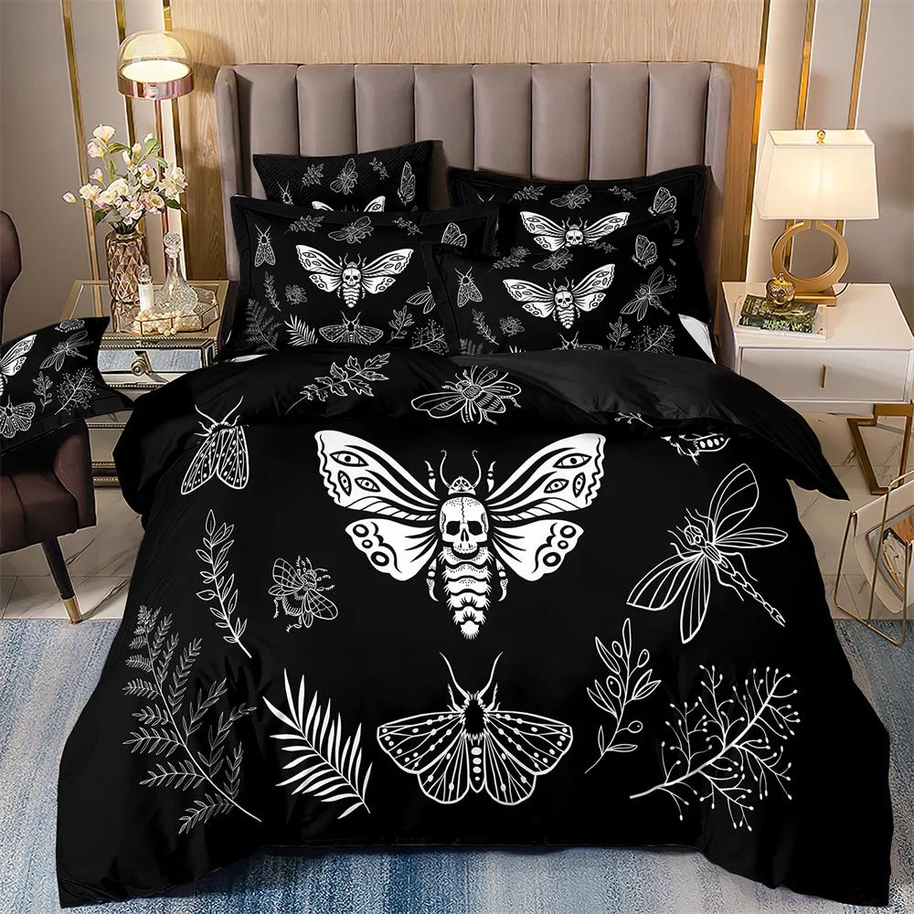 Luxury Black Bedding Set With Galaxy Print, Galaxy Duvet Cover, Galaxy, Starry Sky, Butterfly, Skull, Moth,Halloween Quilt Sets