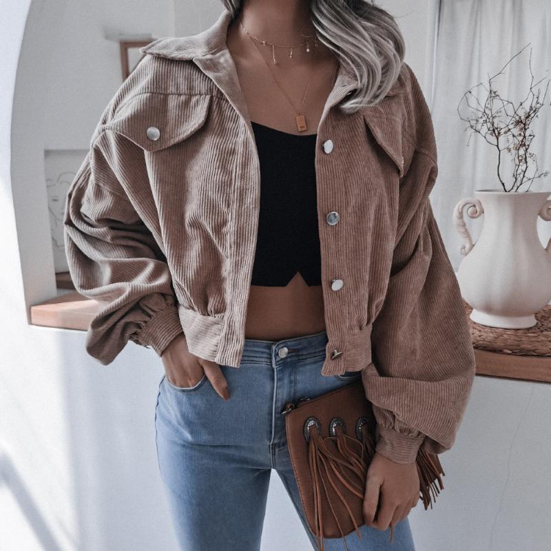 Women's Vintage Casual Solid Color Autumn Winter Loose Long Sleeve Lapel Jackets & Lantern Corduroy Short Jacket Coats Fashion