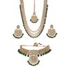 Green Beads Bridal Kundan Choker & Long Necklace, Earring & Maangtikka Set For Women