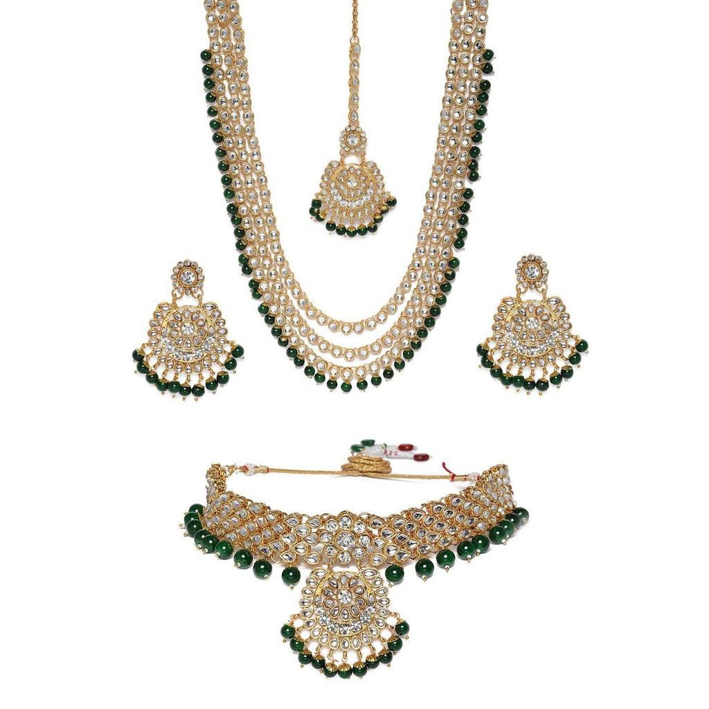 Green Beads Bridal Kundan Choker & Long Necklace, Earring & Maangtikka Set For Women