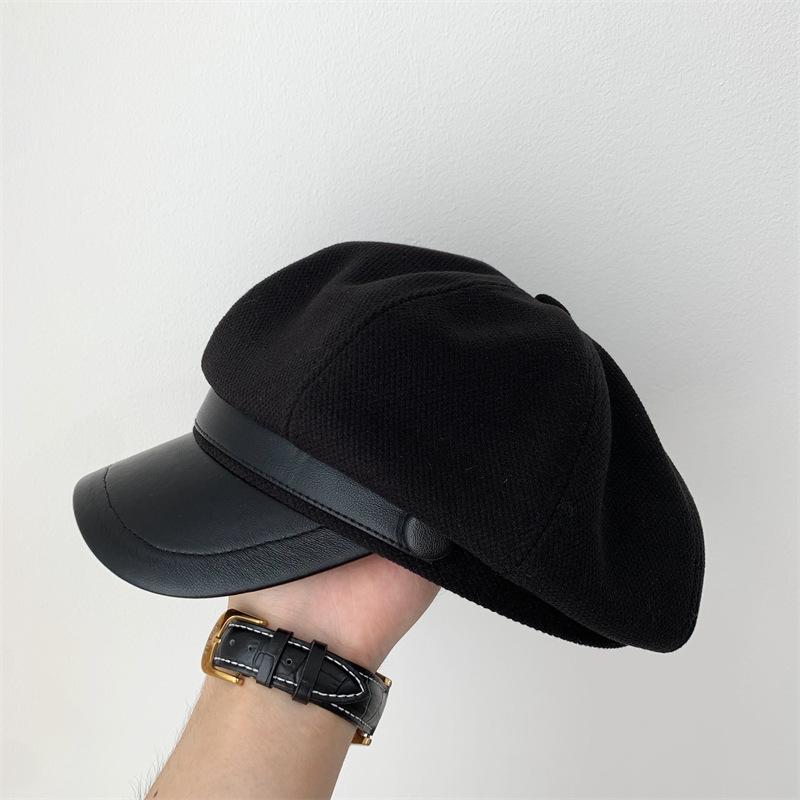 Autumn and Winter Show Face Small PU Leather Brim Octagonal Hat Women's Metal Solid Color Casual Temperament Fashionable Retro Painter Hat