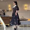 2024 Summer Women's Fashion Color-Block Puff Sleeve Waist-Tied Long Dress