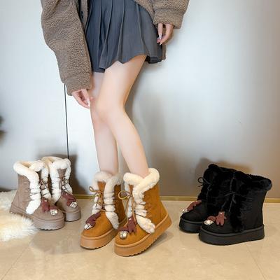 Women's Large Size Lace-up Fur Mouth Thick Sole Soft Sole Winter Warm Fur Snow Boots Padded Lined Ankle Boots Non-Slip Hiking Sports Cotton Boots