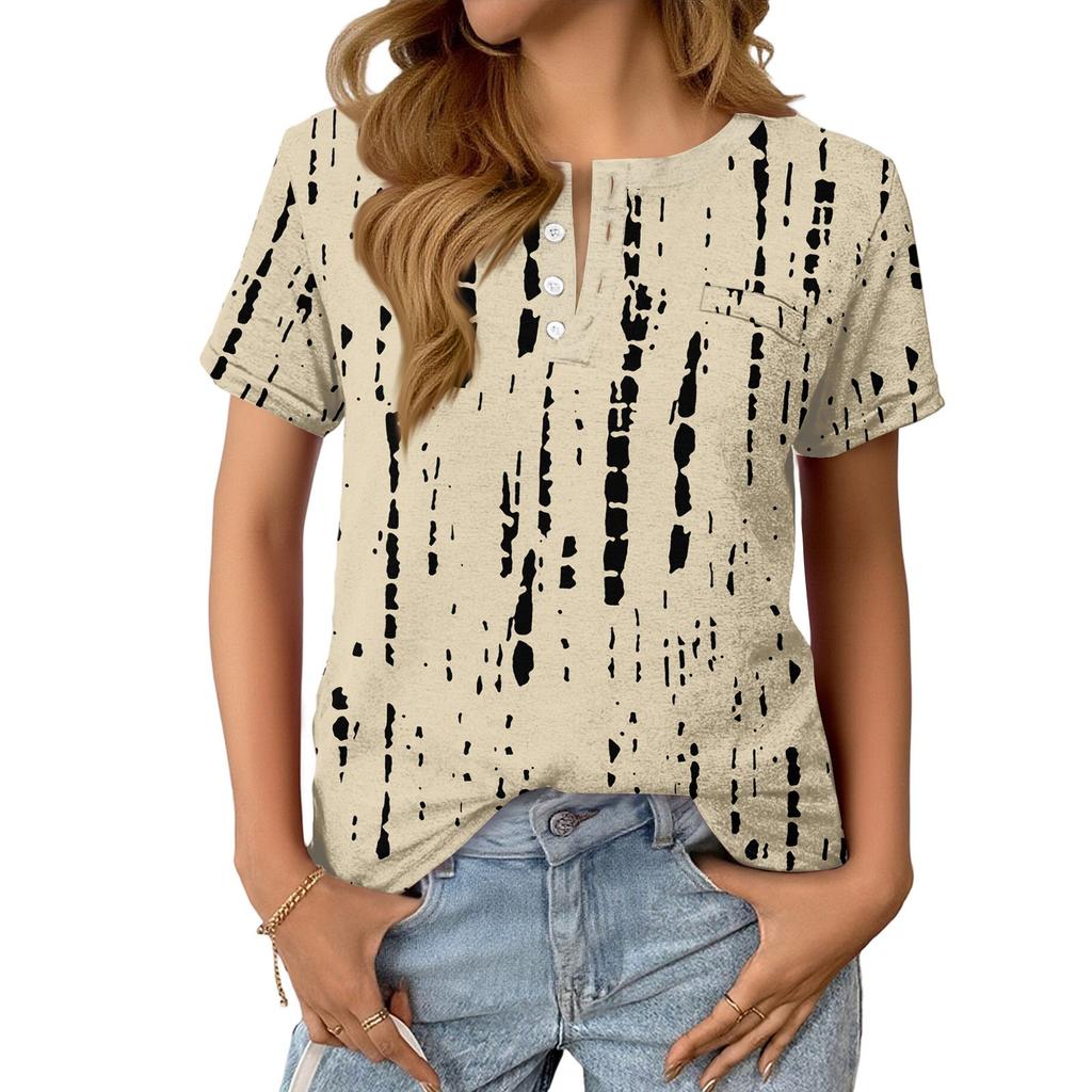 Women's Fashionable Casual Summer Striped V-neck Button Short-sleeved Top