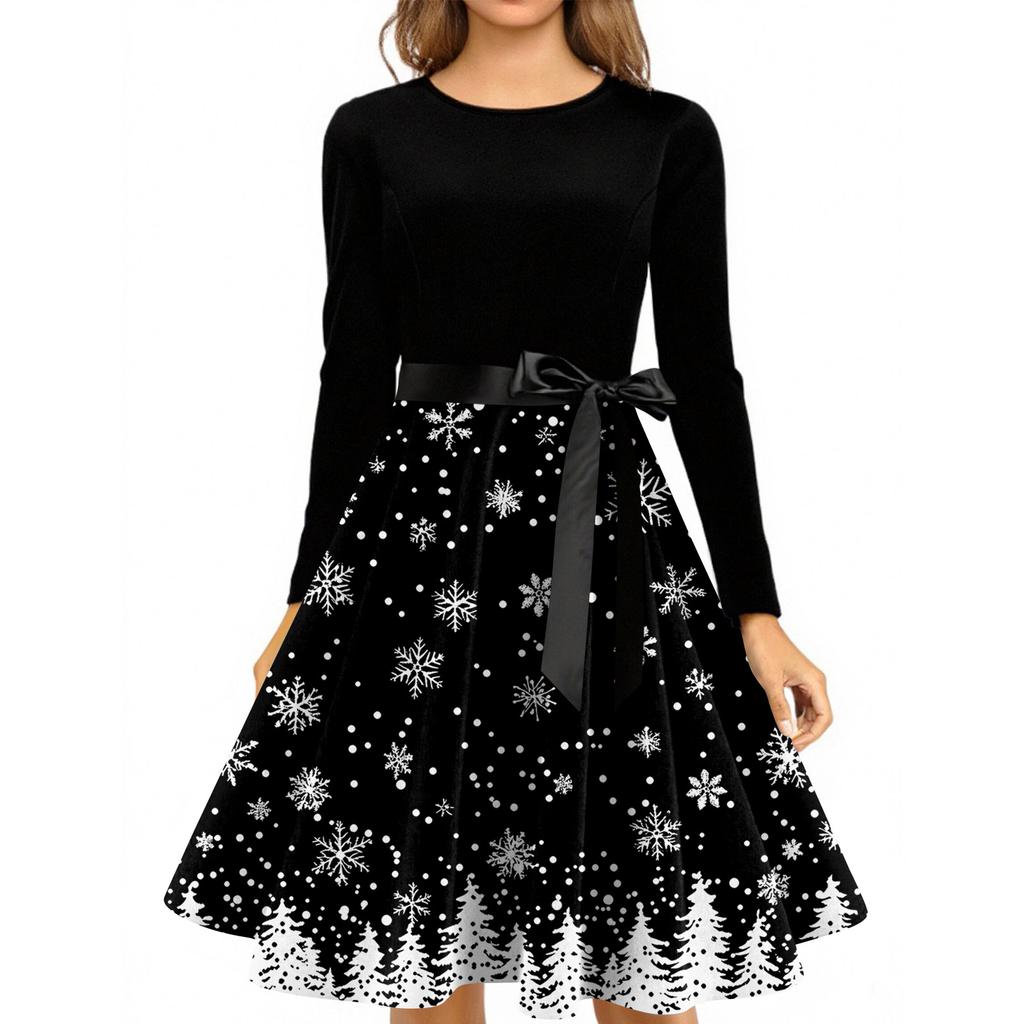Juletrykk Flare Kjole For Dame Langermet Kjole Hule Fest Casual Kjoler