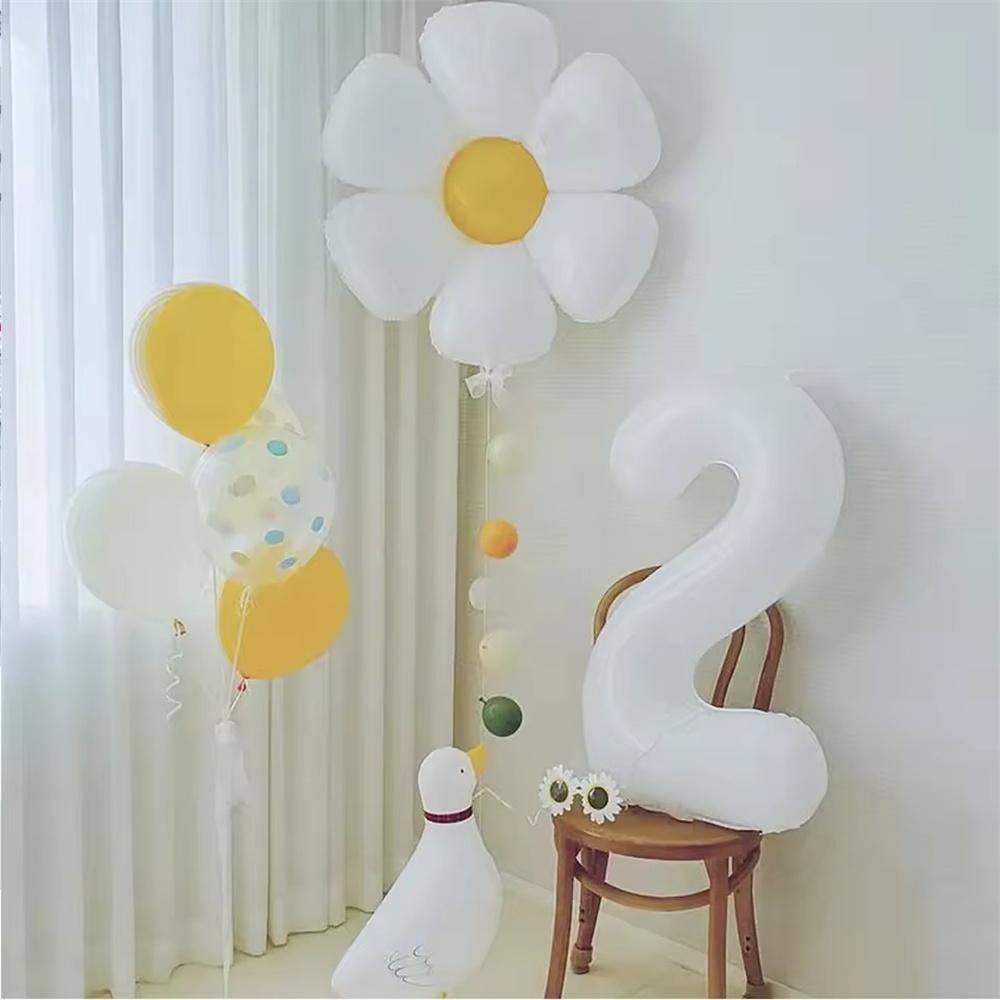 2Pcs White Daisy Flower Foil Balloons 32inch 0-9 Number Balloon Kids Birthday Party Decorations Baby Shower Wedding Decorations