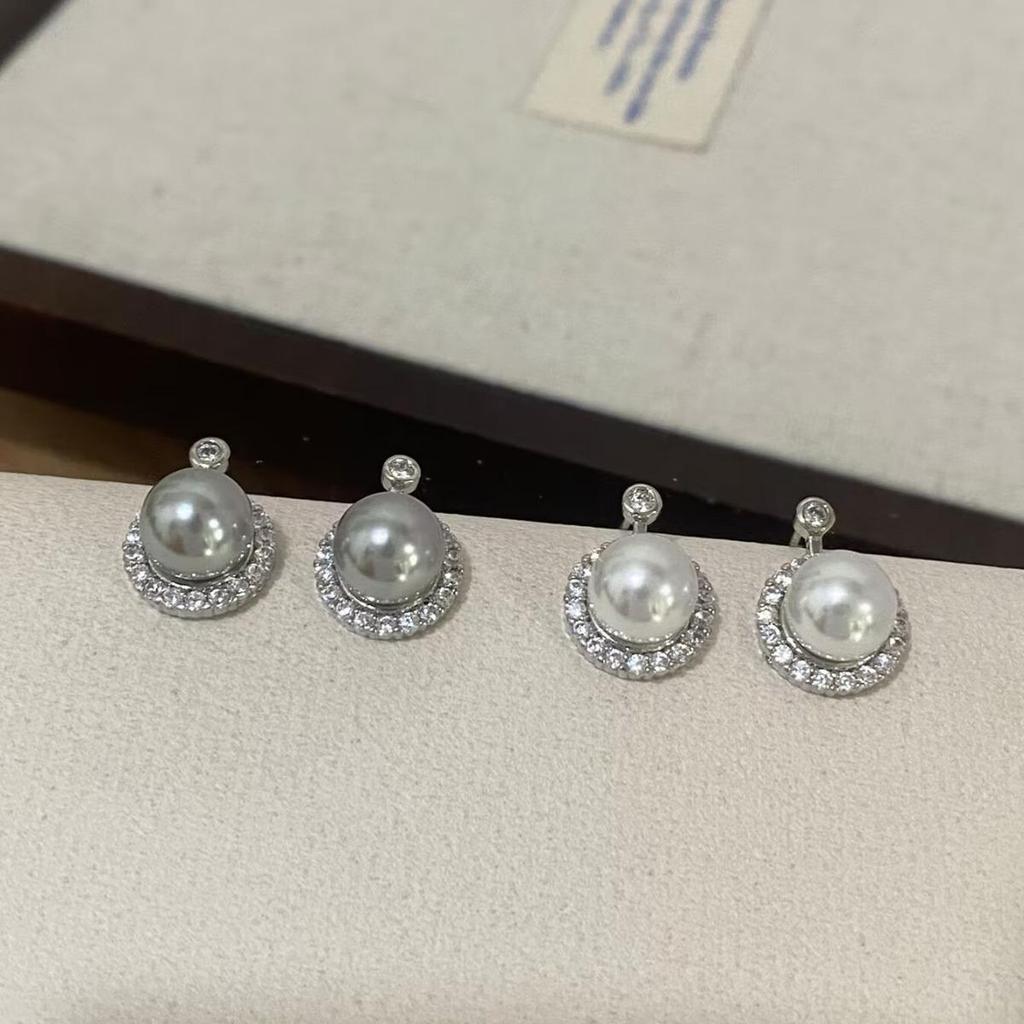 Elegant French Zircon Grey Pearl Stud Earrings for Women, Exquisite Small S925 Silver Needle Ear Accessories