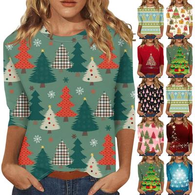 Women's Fashion Casual Seven Sleeve Christmas Printed Round Neck Top