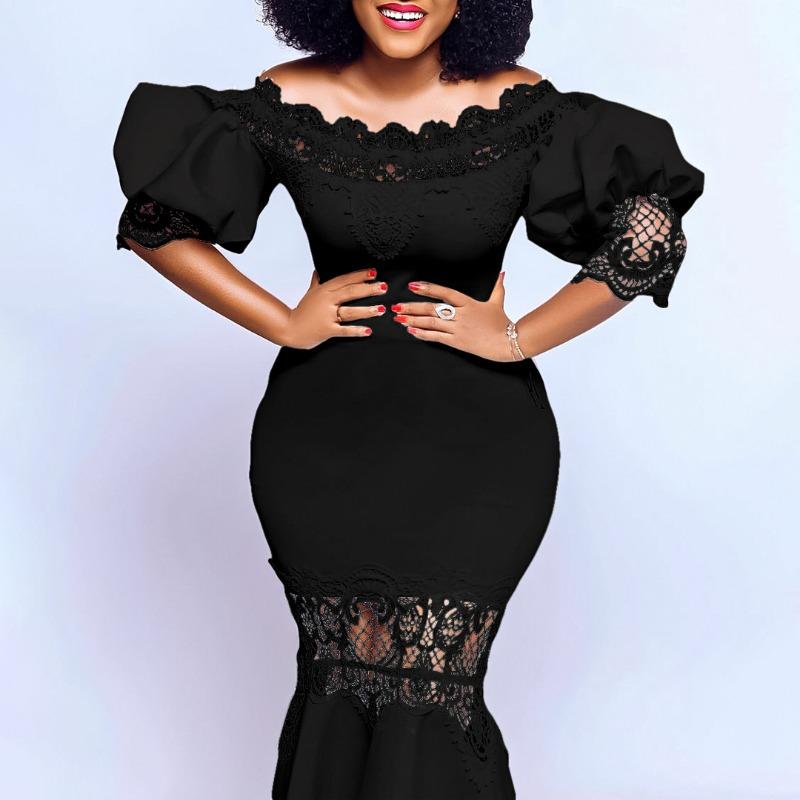 Women's One-word Collar Bubble Sleeve Lace Stitching Banquet Fishtail Dress Dress Long Dress Dress