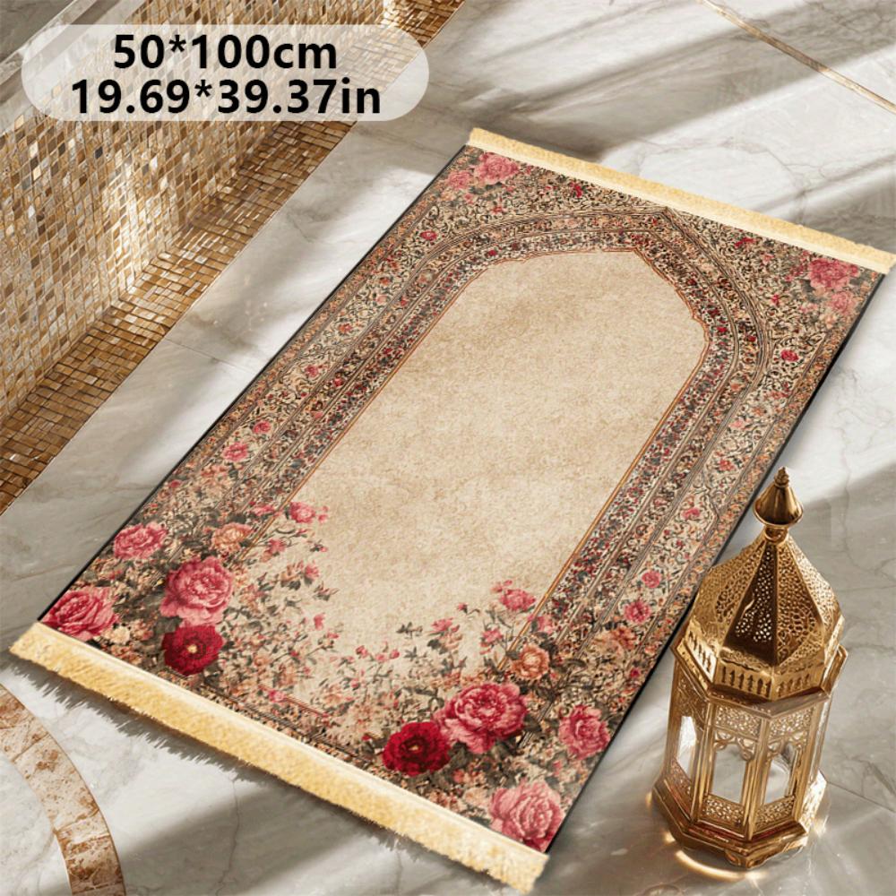 VIKAMA Arco Floreale Verde Menta Tappeto da Preghiera Islamico Poliestere Portatile Tappetino per Salah Musulmano Ramadan Vintage Decorazione per la Casa Tappeto da Preghiera