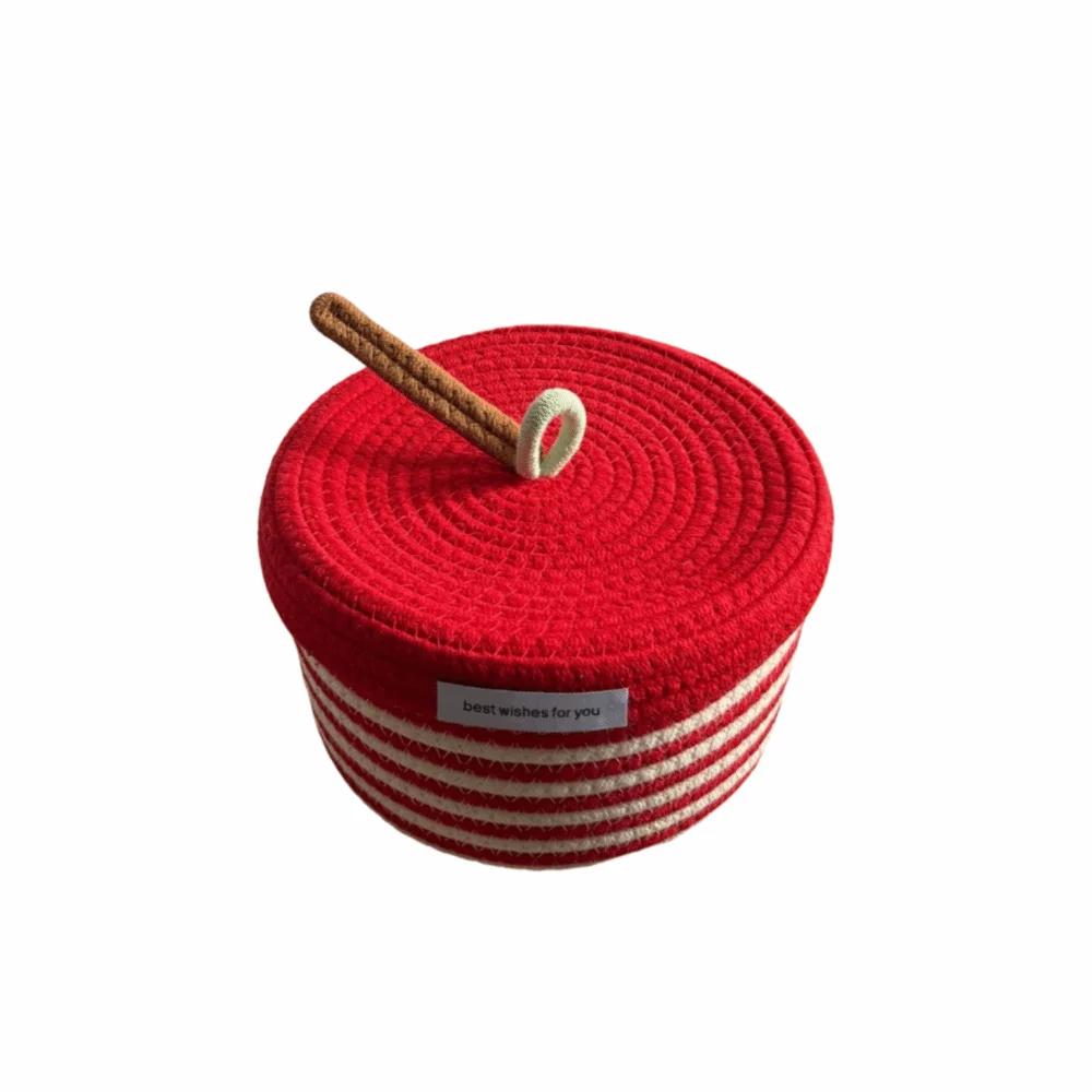 Red White Storage Basket Cotton Tead Woven Handmade Woven Basket Cartoon Design Versatile Function Organizer Basket