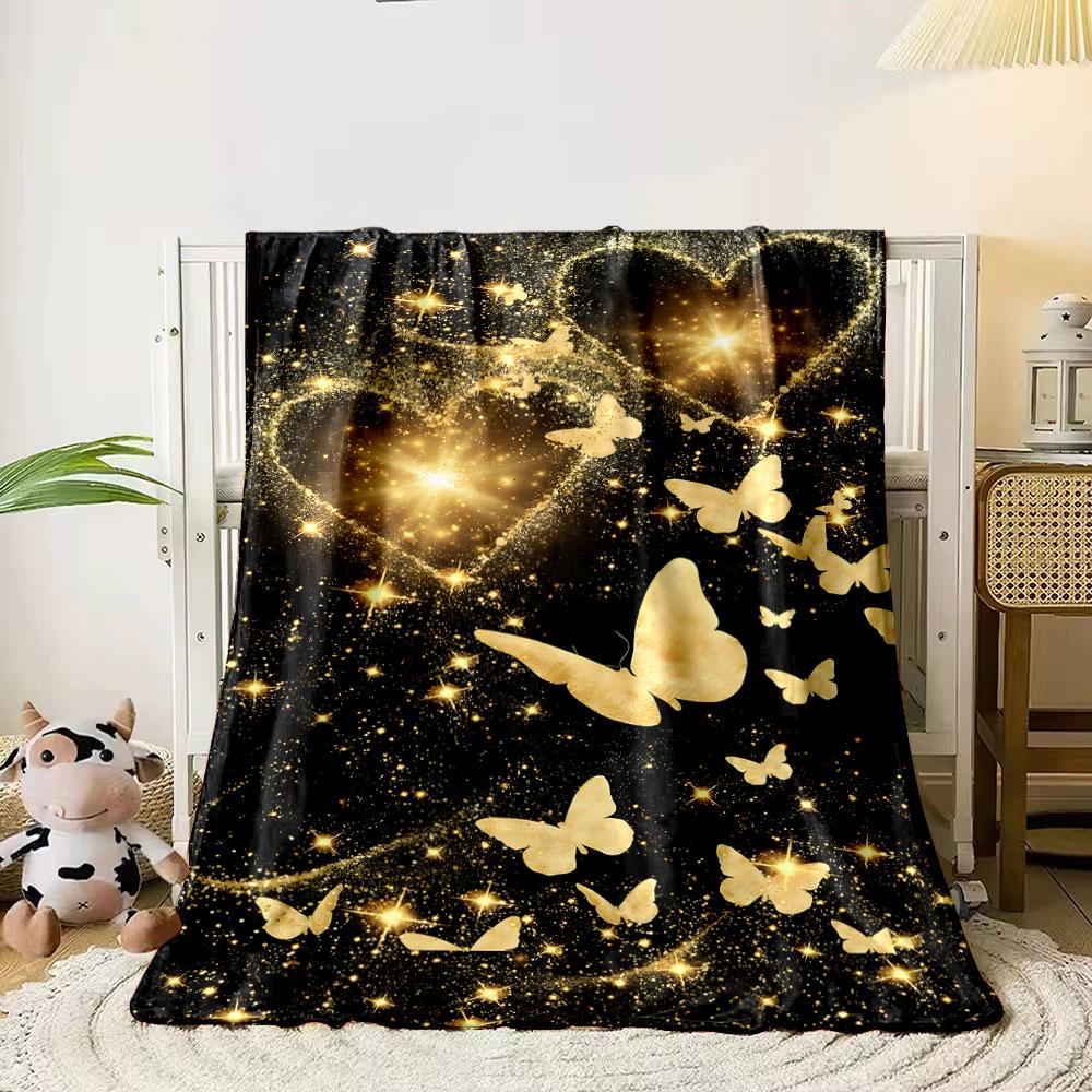 Golden Butterflies Glitter Hearts Blanket Bedroom Blanket for Livingroom Couch Lunch Break Soft Throw for Friend's Festival Gift