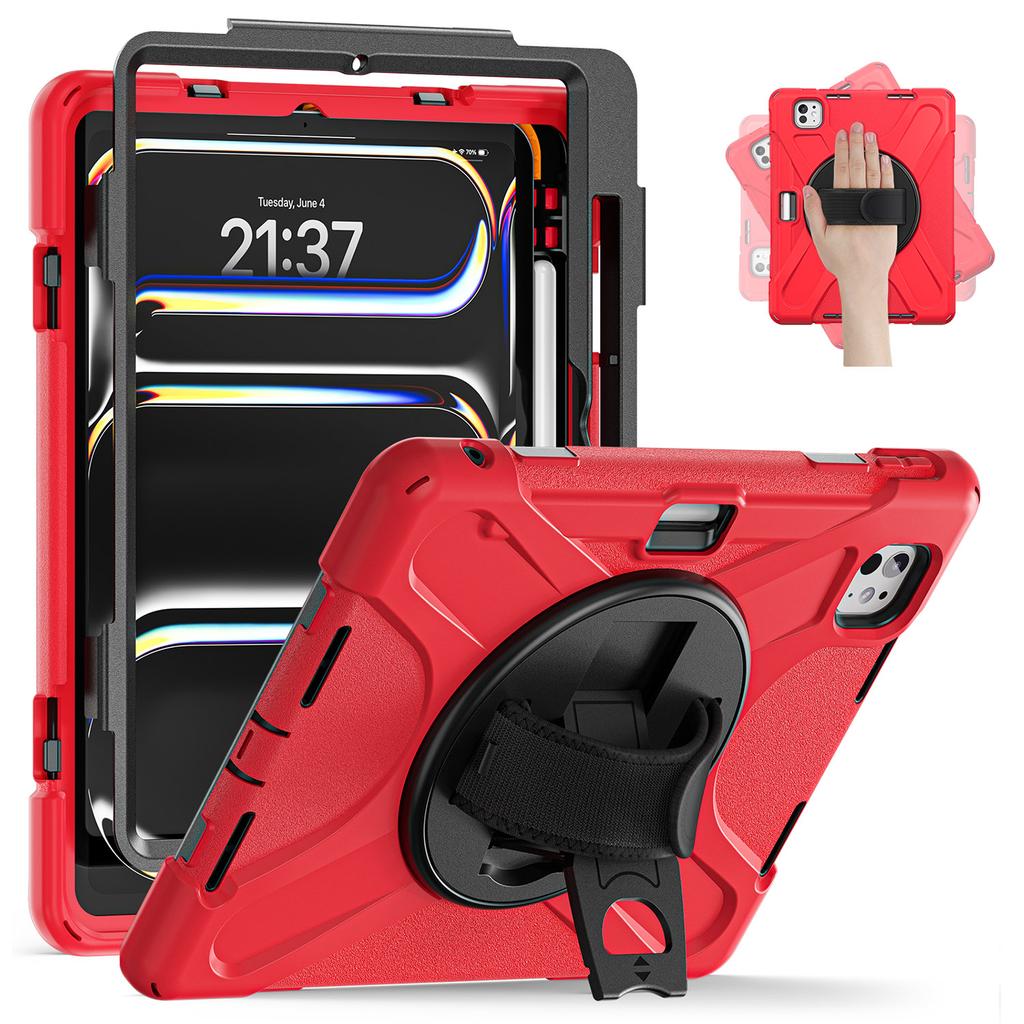 For iPad Pro 11 (2025)/11 (2024) Case Rotary Kickstand PC+Silicone Hand Strap Tablet Cover