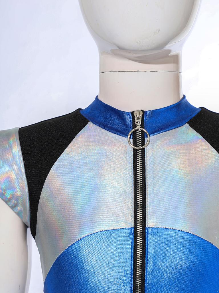 Kids Alien Cosplay Costume Short Sleeve Patchwork Shiny Spangles Dress Bodysuit with Alien Hair Hoop Set for Halloween Party Performance