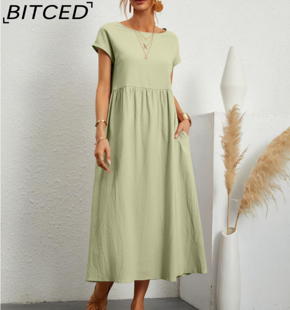 

BITCED Летнее повседневное свободное платье для женщин с коротким рукавом, О-образным вырезом, А-силуэтом, женское платье с карманом, офисные женские платья из хлопка и льна XXXXXL светло-зеленый