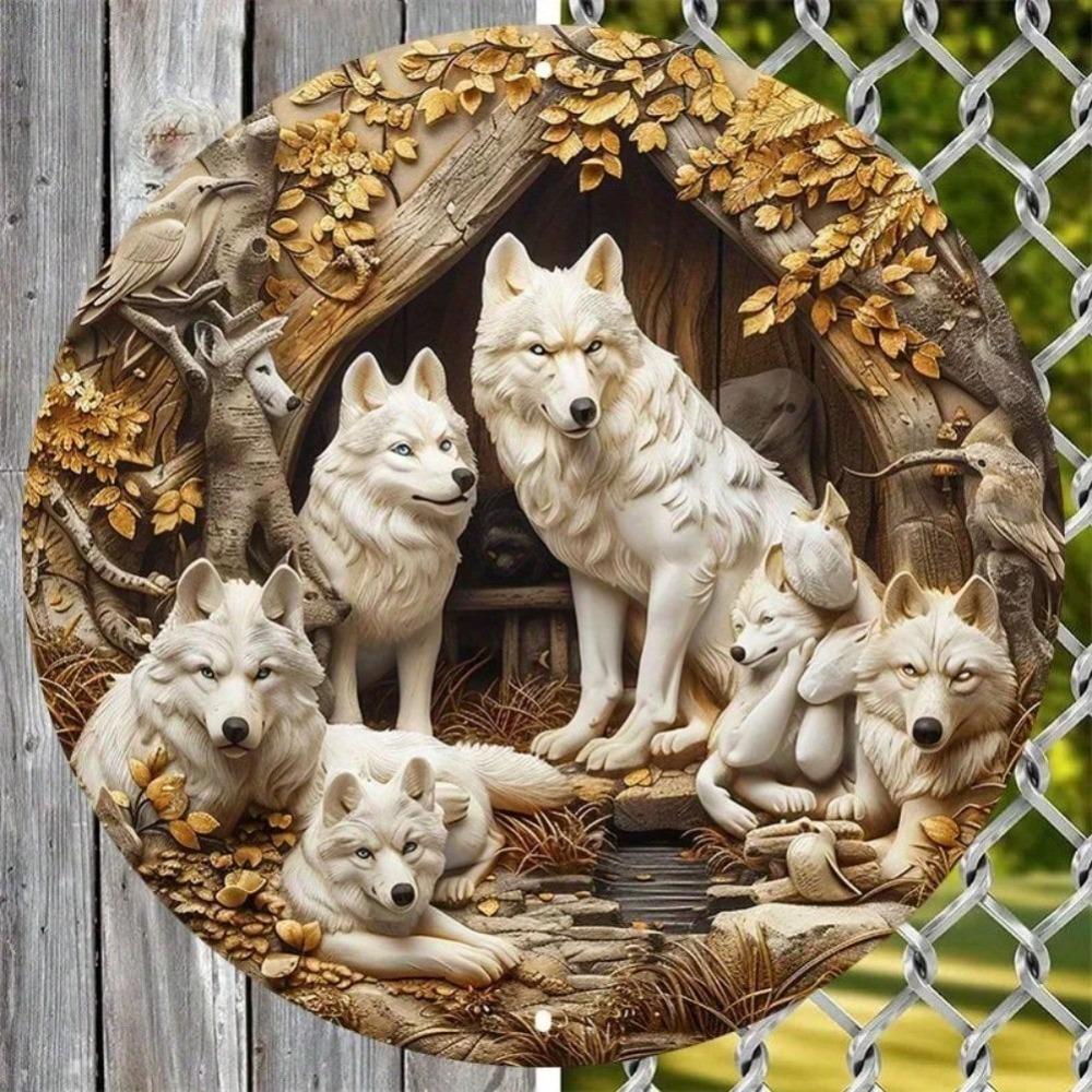 Wolf Family Metal Wall Art Round Sign Pack Design Waterproof Outdoor Indoor Home Decor