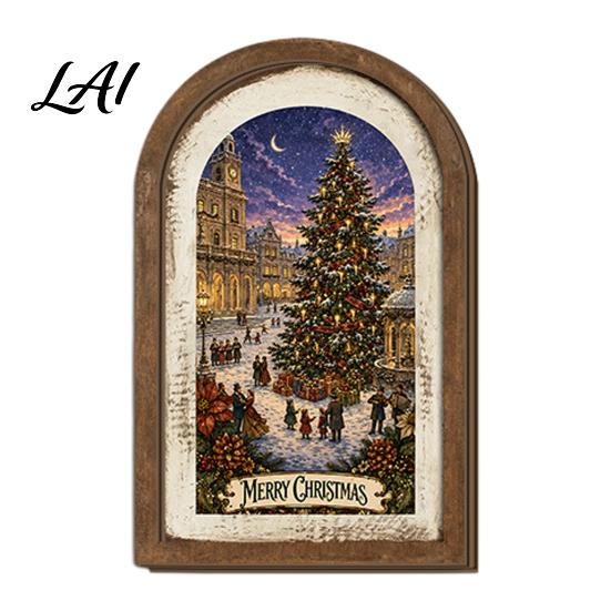 Vintage Christmas Home Decor Rustic Wooden Decoration Arched Window Frame Wall Decor Winter Xmas Holiday Party Table Sign Tabletop Ornament