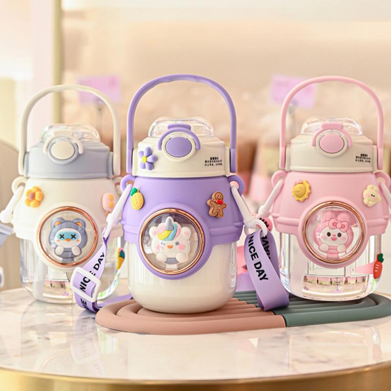 900ML Kinderwasserflaschen für Mädchen Große Kapazität Kunststoff Kinderwasserflasche mit Strohhalm für Schule Outdoor Reise Wasserbecher