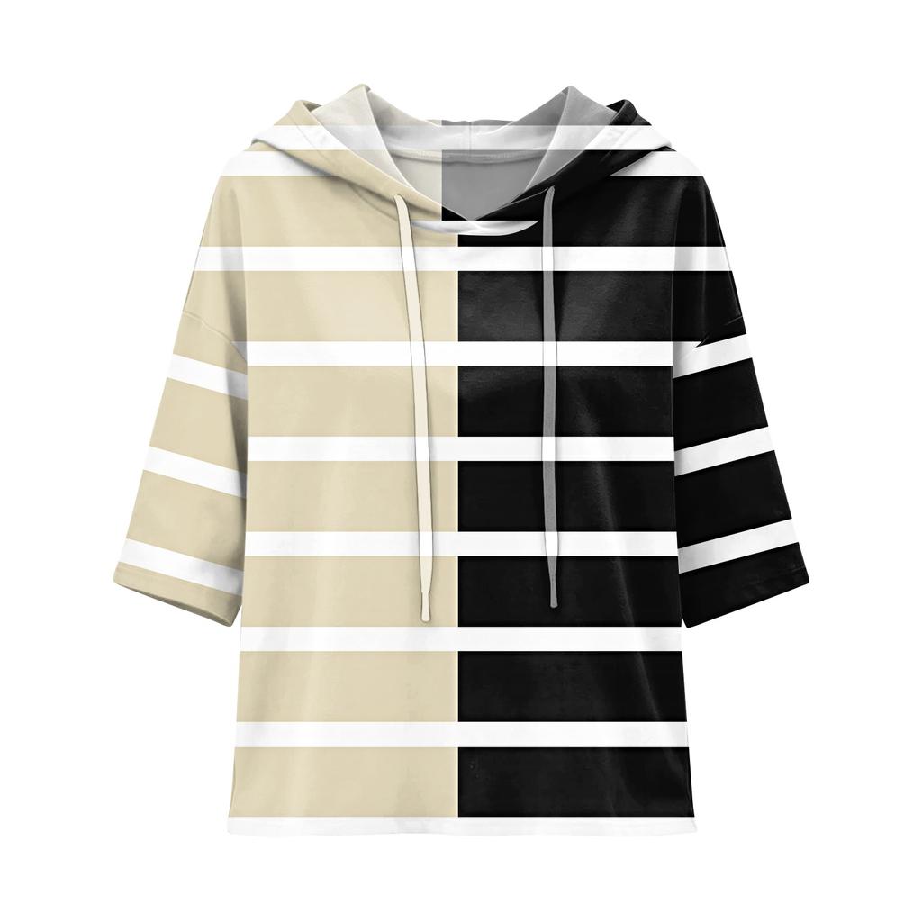 Women's Casual 3/4 Sleeve Geometric Print Hooded T-Shirt Top for Everyday Wear
