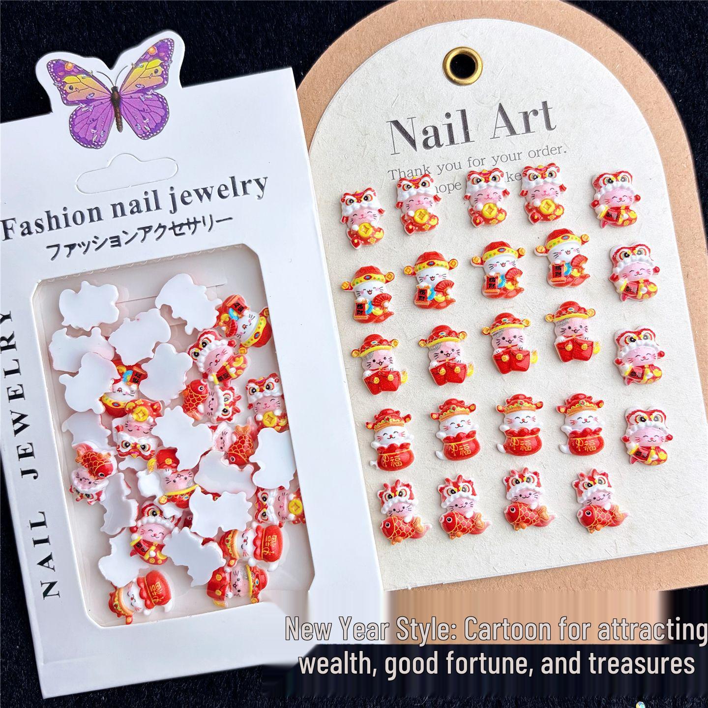 

Red New Year Manicure Accessories: Chinese Style Lucky Bag & Wealth God Doll Nail Decorations 20 pieces