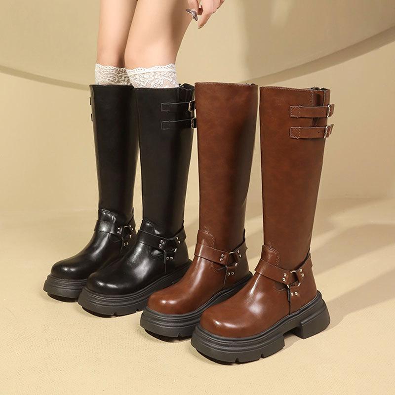 New retro brown western cowboy boots belt buckle knee long boots thick-soled high knight boots