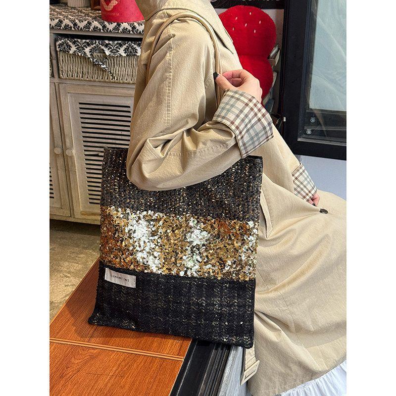 Small-scale Design Sequined Patch Tote Bag for Commuting, Hand-held Tote Bag with Large Capacity, Single-shoulder Bag