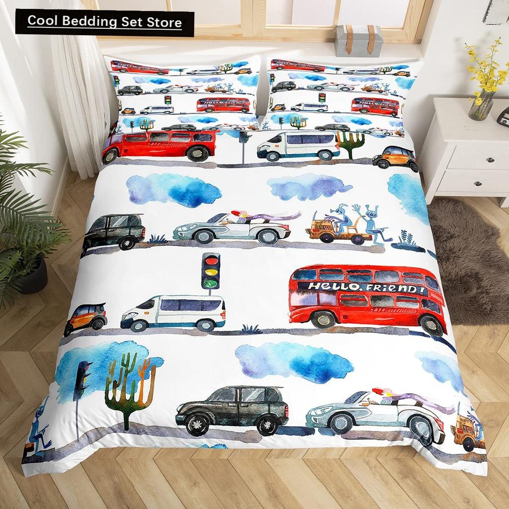 Gelbes Taxi Auto King Queen Bettbezug Jungen Cartoon Transport Bettwäscheset Rosa Stadtlandschaft Steppdeckenbezug Polyester Bettdeckenbezug