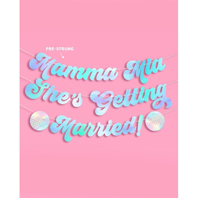 xo, Fetti Mamma Mia She's Getting Married Banner - Blue Iridescent Foil, 5 Ft. | Disco Bachelorette Decorations, 70s Backdrop, Groovy Bach Party,