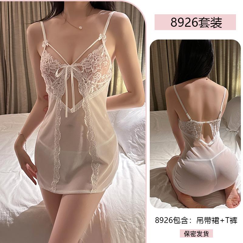 Original Erotic Underwear Sexy halter nightgown Hot Lace Seductive Mesh See-through Pajama Uniform 8926