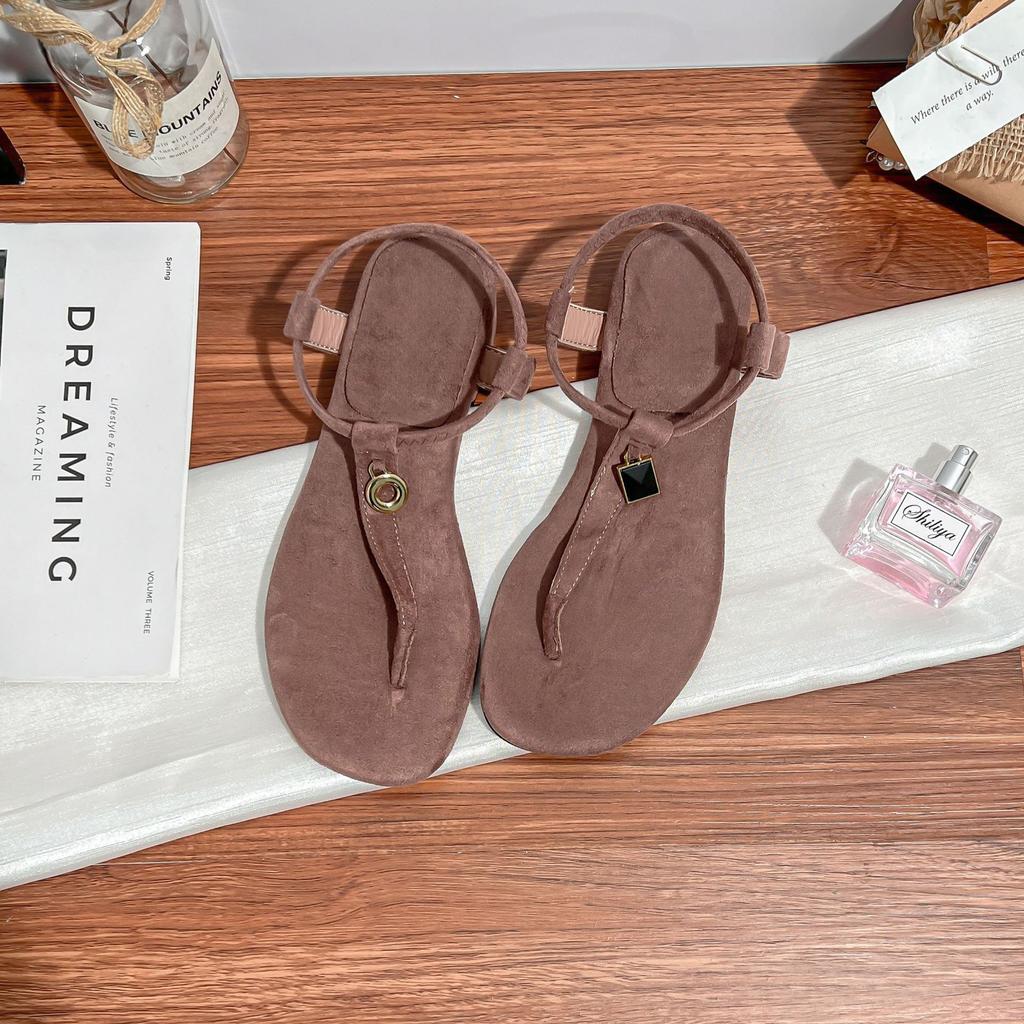 Grape Mother Summer New 2025 Extravagant~ Retro L * P Mandarin Duck Gold Buckle T with Toe Flat Sandals Women's Commute