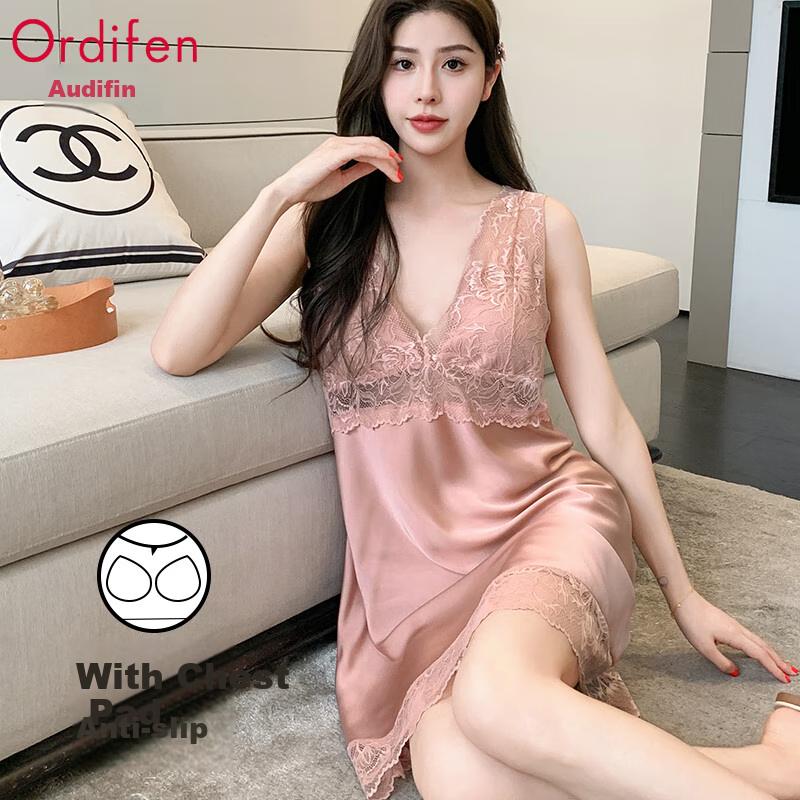 Ordifen [Sexual Lace] Ice Silk Nightgown for Women, Thin Satin Light Luxury Vest Dress with Chest Pads, Home Wear, XL