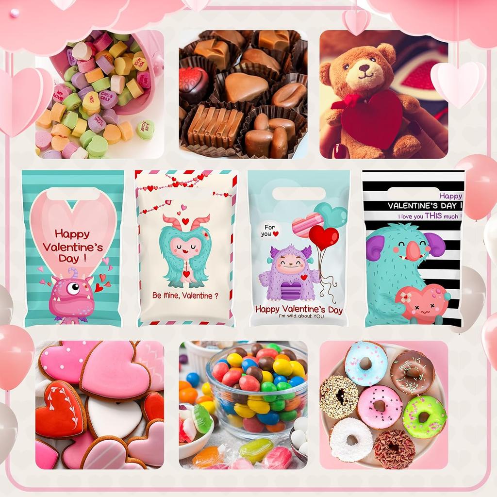 Jetec 240 Pieces Valentine's Day Plastic Gift Bags for Kids Valentine Monster Treat Bags Small Candy Bags Valentine's Day Goodie Bags with Handle