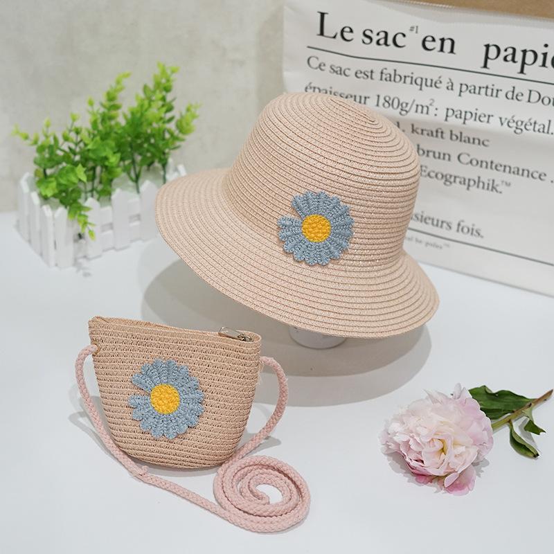 Summer Daisy Children's Straw Hat for Girls, Baby Hat, Sunshade Sun Protection Wide-brimmed Hat Bag Set, Fisherman's Basin Hat