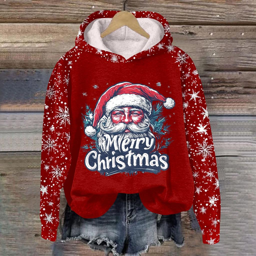 Women's Fashion Pullover Plunging Sleeve Christmas Printed Hooded Sweatshirt