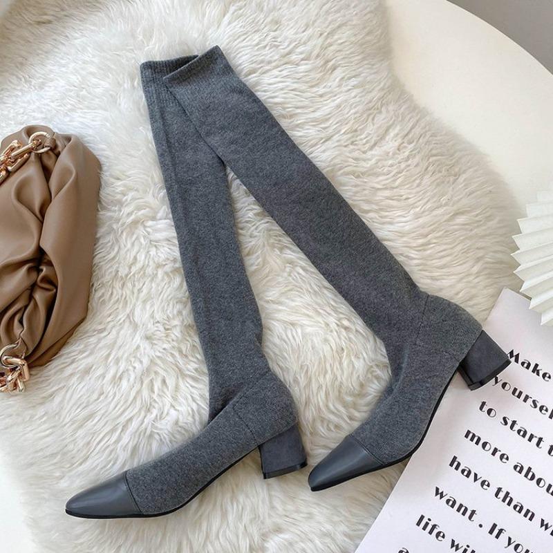 Fashion Sock Shoes 2025 New Spring and Autumn Single Boots Thin Knitted Stretch Boots Pointed Toe Block Heel Tall