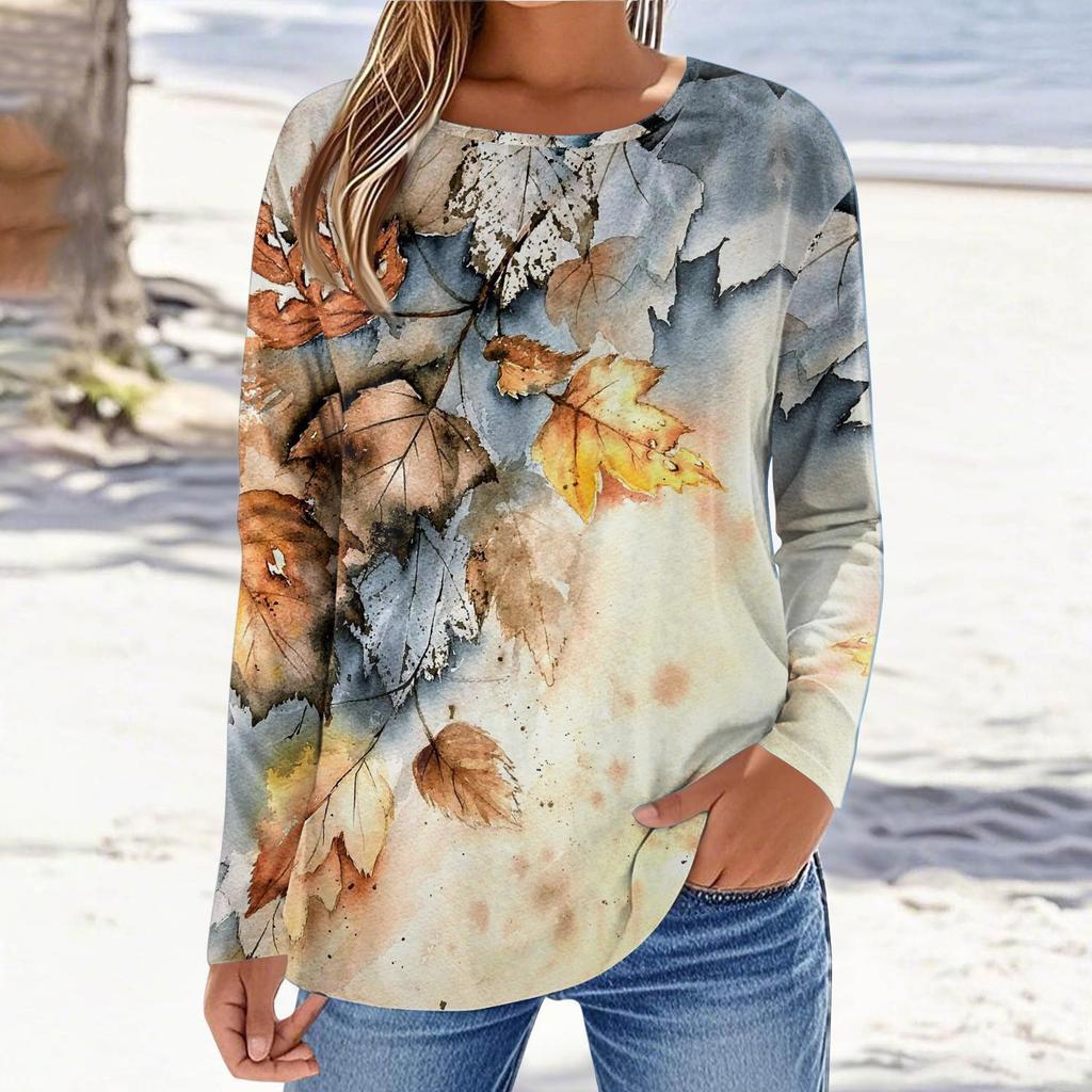 Damen Modisches Lässiges Bedrucktes Langarm Rundhals Oberteil Rundhals Oberteil Top
