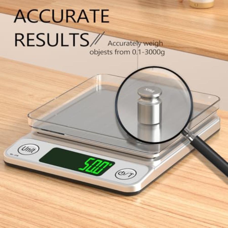 Kitchen Scale Digital Food Scale 3000g 0.1g LCD Display Mini Food Scale for Baking Cooking Silver