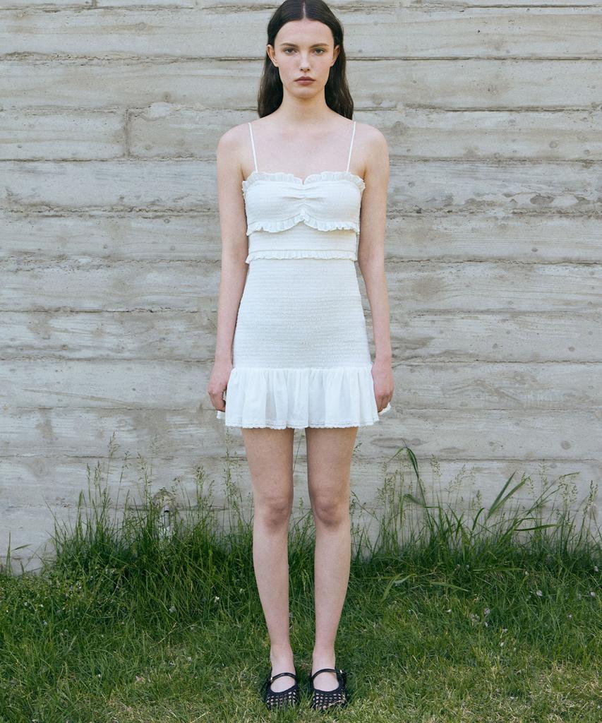 Lady Volume Frill Smoked Mini Dress (Ivory)