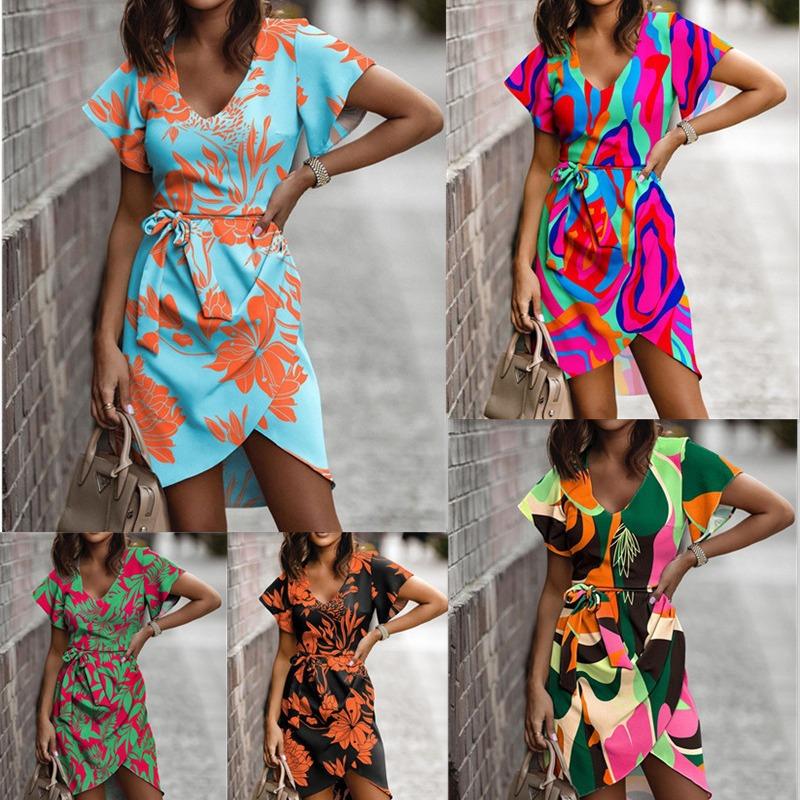 Dame V-hals Kort ermet Knyte midje Blomstermønstret Casual Sommerkjole med Asymmetrisk fald