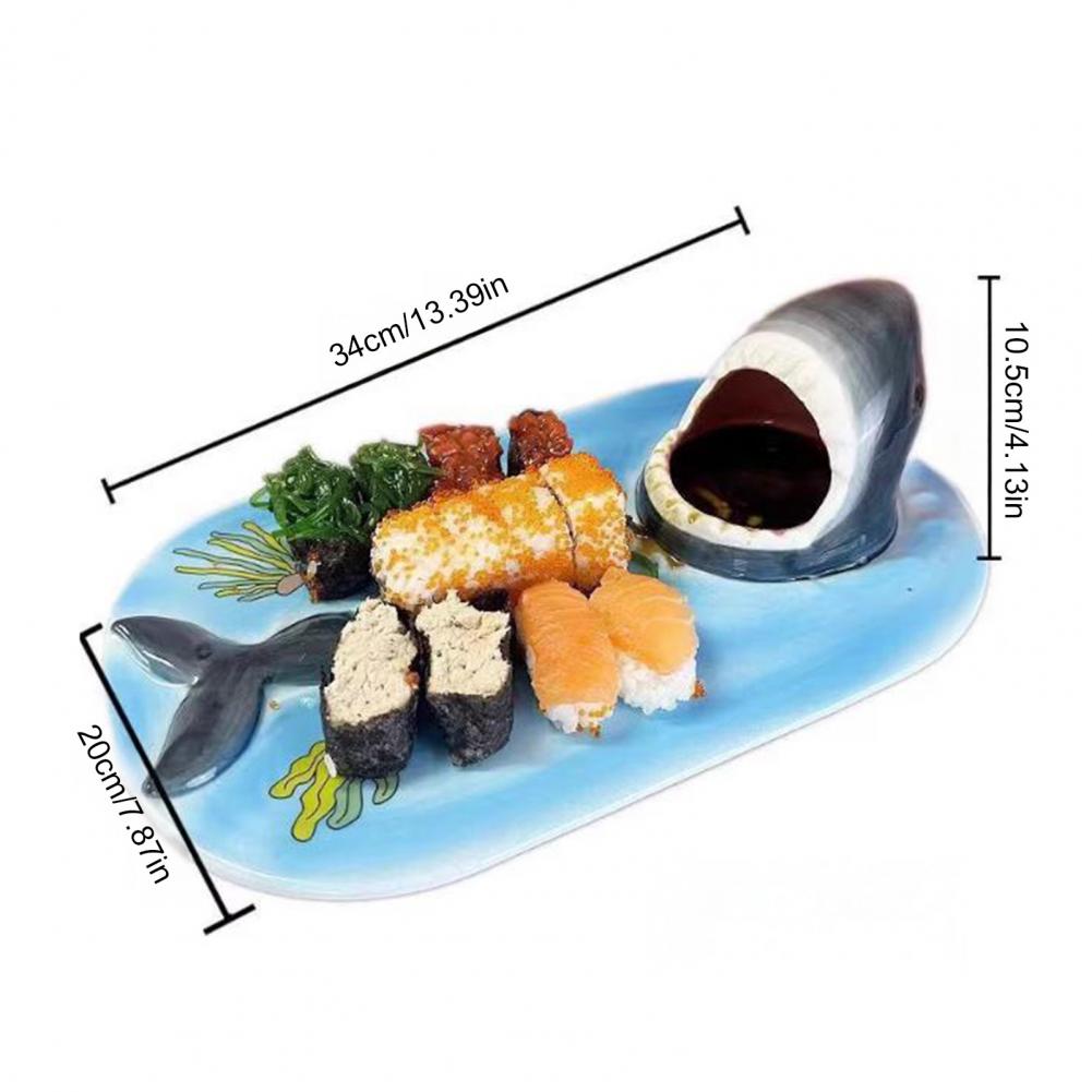 Shark Sushi Plate 3-in-1 Ceramic Dinner Plate with Sauce Bowl Chopstick Holder Food Microwave Safe Sushi Tray