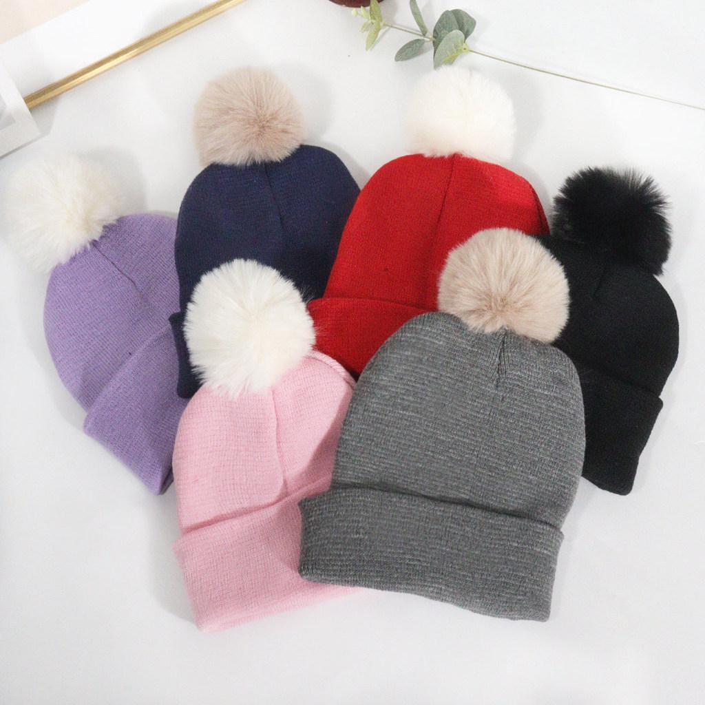 Plush Solid Color Ball Knitted Cap Breathable For Fall Season Gift Fashion