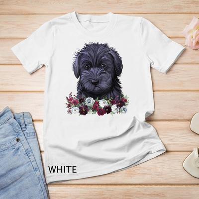 Damska Czarna Koszulka Unisex z Psem Schnoodle i Kwiatami