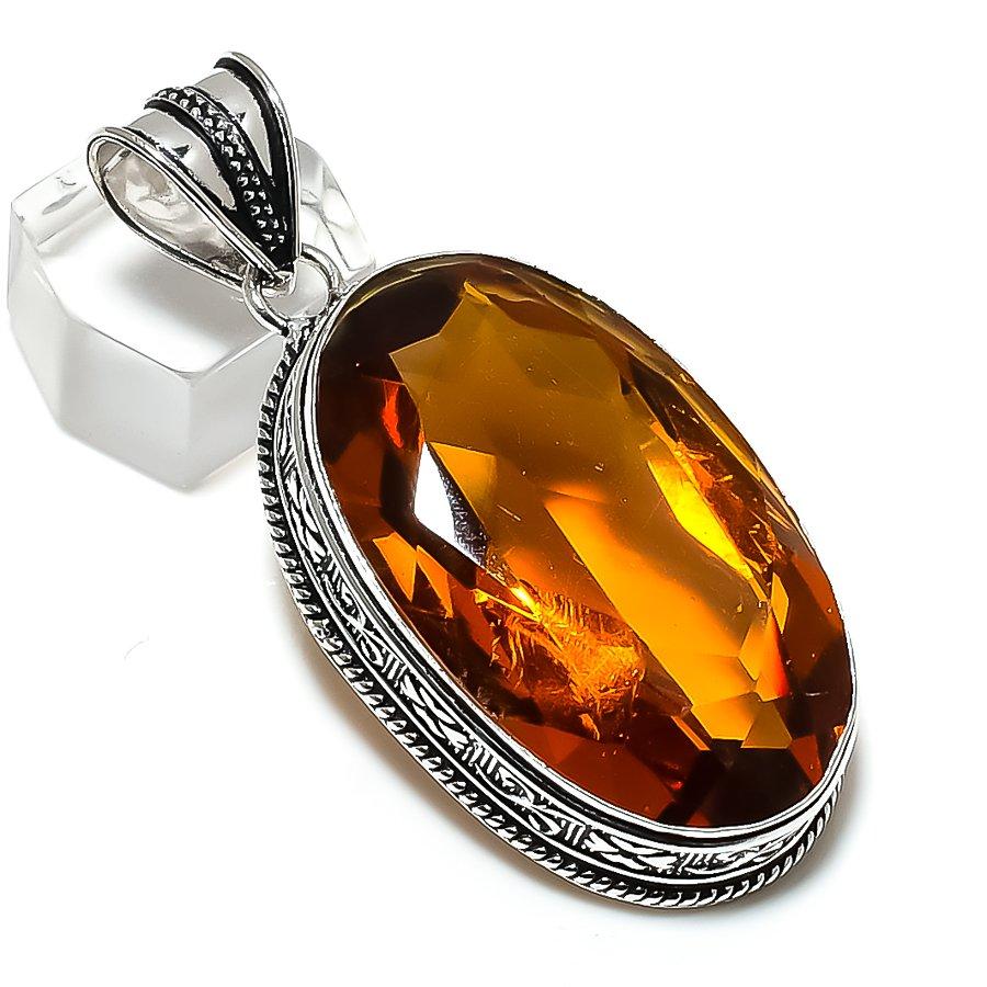 Pietră prețioasă Topaz Miere Naturală Handmade Argint Sterling 925 Pandantiv 2.36" O9U24