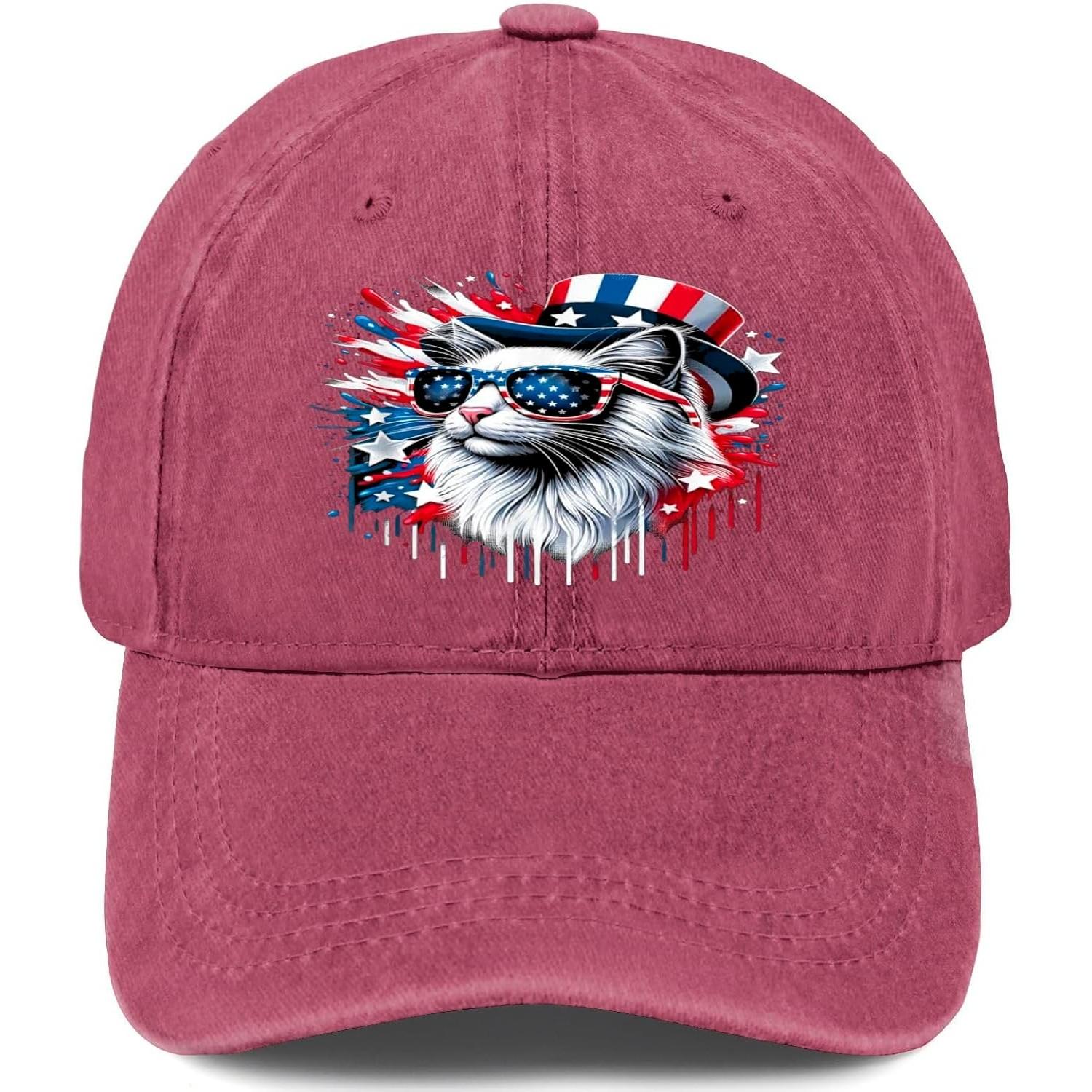 Patriotic Cat Sunglasses Baseball Cap Washed Denim Adjustable Summer Baseball Cap One Size