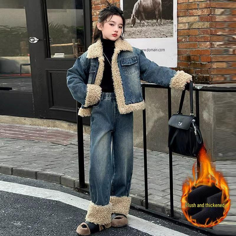 Girls' High-Quality Quilted Denim and Lamb Wool Winter Set - Fleece-Lined Jacket and Coat